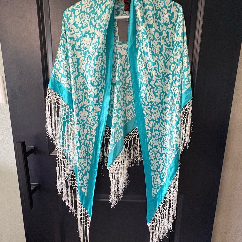 Adrienne Landau Blue and White Fringe Silk Scarf Retail $245 Saks